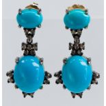 Pair of turquoise, diamond, blackened silver, 14k yellow gold earrings
