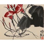 Chinese monotype print depicting red and flowering trumpet flowers