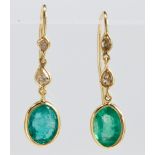 Emerald, diamond, 14k yellow gold earrings