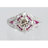 Diamond, ruby, platinum ring