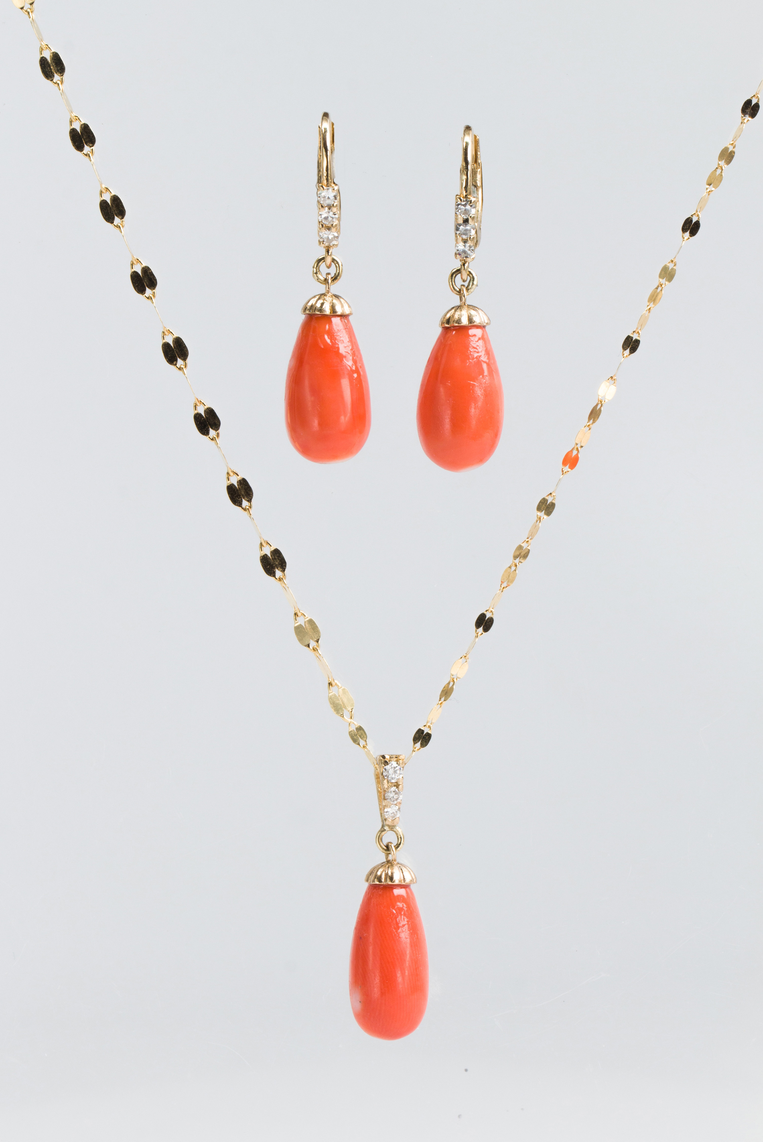 Coral, diamond, 14k yellow gold jewelry suite
