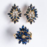 A sapphire, diamond and fourteen karat gold earclip and ring suite