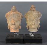 (lot of 2) Angkor Wat style sandstone heads of Vishnu