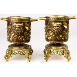 A pair of Grand Tour style gilt and patinated urns on stands