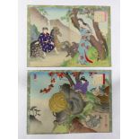 (lot of 4) Japanese Woodblock Prints, Two Diptychs, Chikanobu
