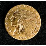 1914d Gold $2 1/2 Indian Head "Quarter Eagle," better date
