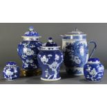 (Lot of 5) A Group Blue and White 'Prunus' Jars with Covers