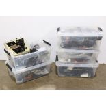 (lot of 5) Plastic tubs containing miscellaneous cords and musical equipment