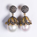 A pair of cultured pearl, diamond and silver gilt earrings