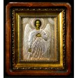 A Russian icon, a rectangular form with a silver oklad depicting an Archangel