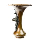 Japanese patinated bronze vase, having a tapered form accented with a bird on a branch, 8"h