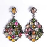 A pair of tourmaline, diamond, blackened silver and fourteen karat gold earrings