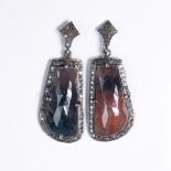 A pair of sapphire, diamond and blackened silver earrings