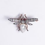 A diamond, ruby, cultured pearl and silver-topped fourteen gold brooch