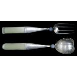 (lot of 2) Chinese pewter salad servers fitted with white jade handles