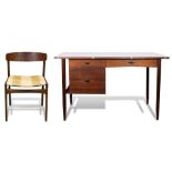 A Modern walnut desk, 3 drawer, white top, with chair