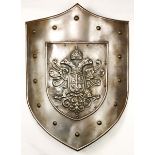 Large Continental steel shield, the cartouche form centering a repousse double headed Prussian eagle