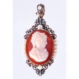 A Victorian agate cameo, diamond, and silver-topped eighteen karat rose gold pendant brooch