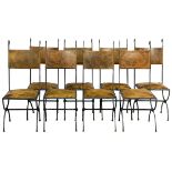 (lot of 8) A suite of wrought iron and leather dining chairs in the style of Ilana Goor