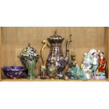 A shelf of Chinese cloisonne table articles and earthenware figures