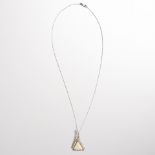 An opal, diamond and fourteen karat white gold pendant necklace