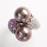 A Tahitian South Sea pearl, diamond, sapphire and eighteen karat white gold ring