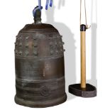 Japanese archaistic style bronze temple bell with a wood gong