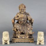 (lot of 3) Chinese carved ancestral figure with a pair of foo dog sculptures