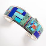 A hardstone inlaid sterling silver cuff bracelet, Ray Tracy