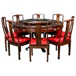 (lot of 9) Chinese mop rosewood pedestal table and 8 chairs