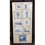 Framed Delft blue and white tiles 18th century