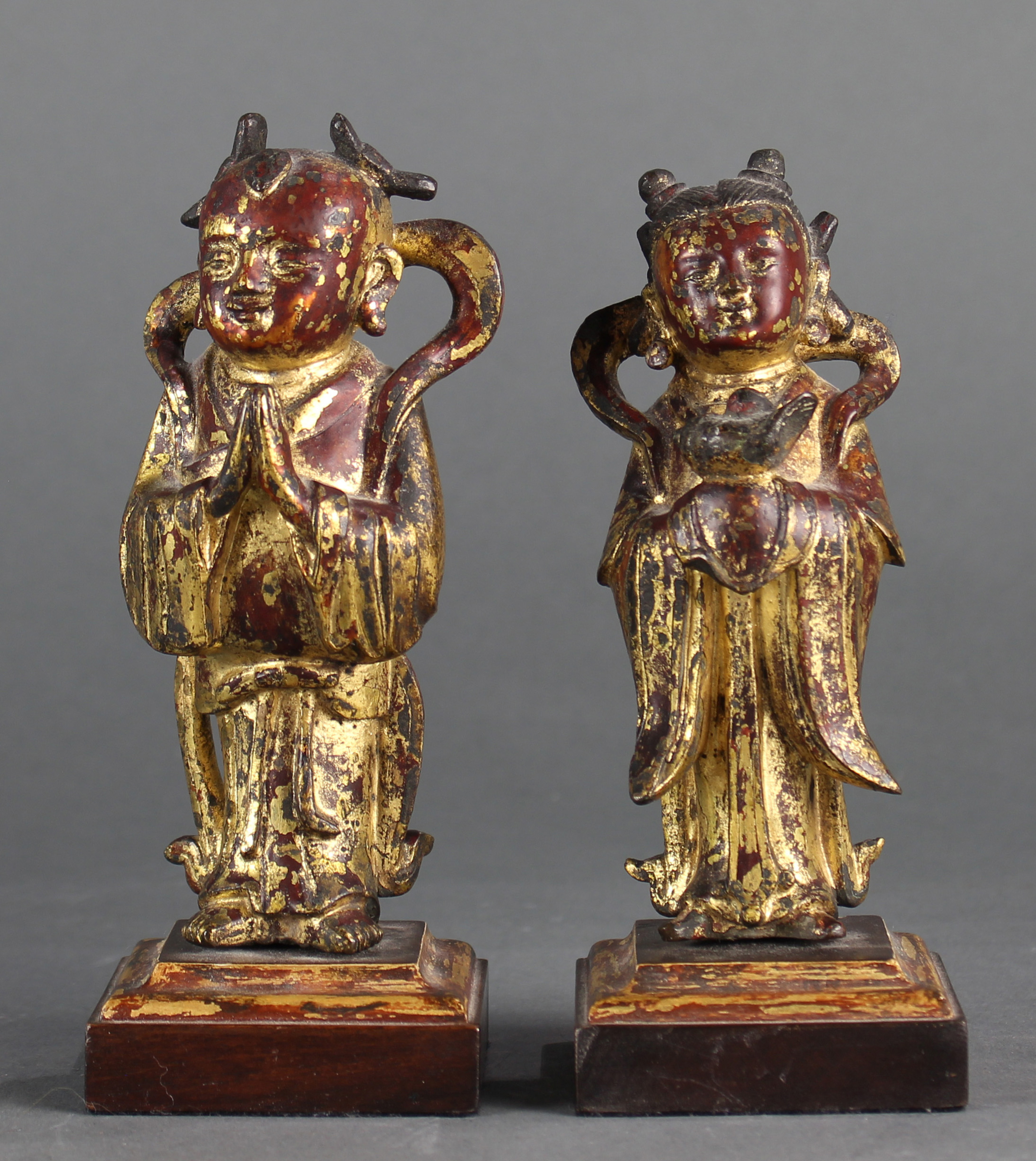 (lot of 2) Miniature pair Chinese gilt bronze figures