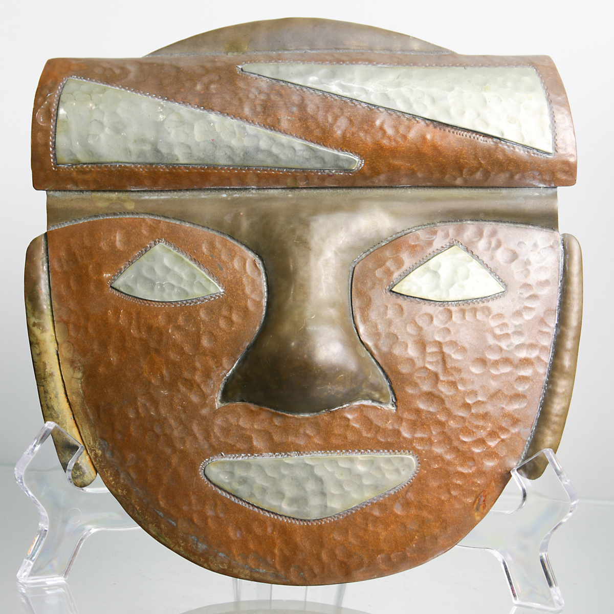 Art & Crafts hammered copper mixed metal mask signed Rostro San Augustin