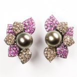 A pair of Tahitian black South Sea pearl, pink sapphire and diamond earclips