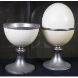 (lot of 3) Pair ostrich egg veneered plated footed bowls, one with an ostrich egg