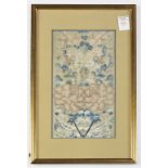 Chinese embroidered panel with peony blossoms, bats and scroll clouds, mounted and framed