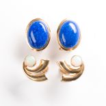 A group of lapis lazuli or opal and fourteen karat gold earrings