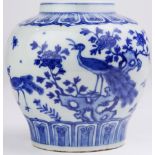 A Chinese Blue and White 'Peacock and Peony' Jar, with Wanli Mark