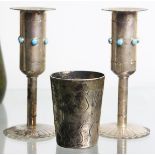 (lot of 3) Pair of Navajo turquoise mounted silver candlesticks and a miscellaneous jigger
