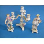 A Dresden candlestick and 2 figures