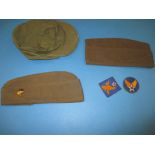 3 American serviceman's hats to include a WWII airman example and 2 cloth badges