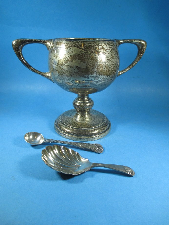 A silver cup and 2 silver spoons, approx weight 220g