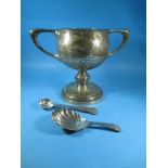 A silver cup and 2 silver spoons, approx weight 220g