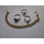 Three 9ct gold dress rings and a 9ct gold bracelet, approx total weight 10.4g