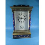 A vintage cloisonné enamel 5 glass carriage clock, striking on a bell