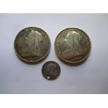 Two Victorian silver crowns, 1894 & 1895 and 1 other coin