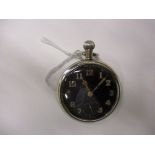 A WWII black faced pocket watch and a smaller American made example.