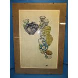 A framed lithograph of ceramic pots, monogrammed Egon Schiele
