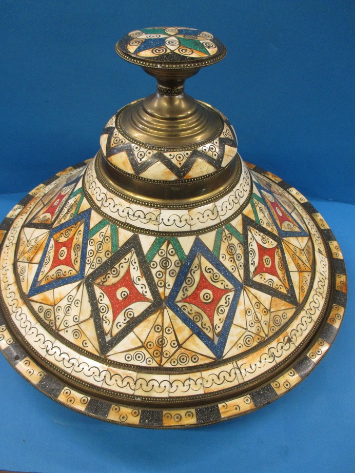 A large Moroccan Tagine cook pot, set with bone and hardstone decoration