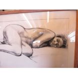 A framed charcoal drawing of a recumbent female titled ‘Thinking’ signed Juliet Renny